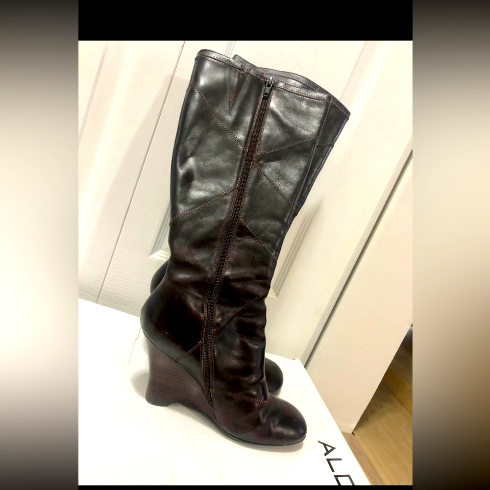 Aldo brown leather high wedge boots